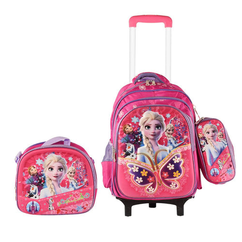 3D Girly  3PCS Detachable Rolling Backpack for Girls With Lunch Bag Pencil Case 2Wheels Roll