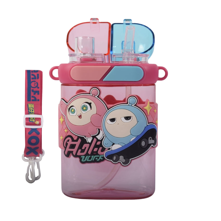 Dual-Compartment Kids Water Bottle with Cartoon Characters and Strap