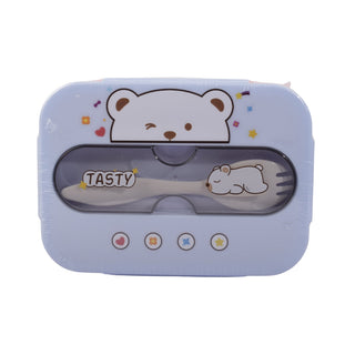 Cute Bear-Themed Bento Lunch Box with Utensils – Blue