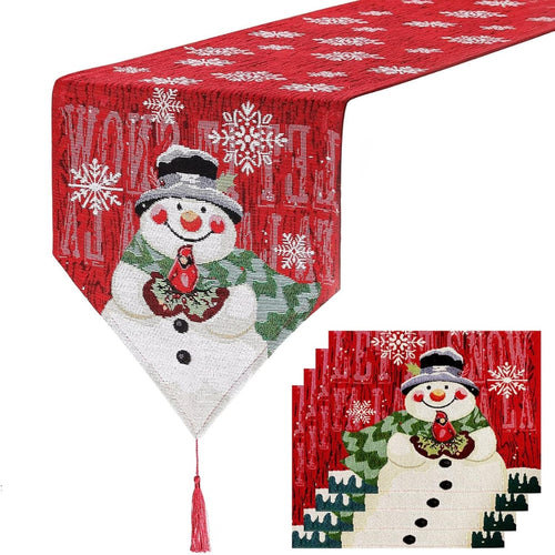 hristmas Table Runner with 33ft Fairy String Lights, Snowman Xmas Table Runner, Non-Slip Table Cloth, Christmas Table Decoration for Indoor/Outdoor Christmas Party Décor 180Cm