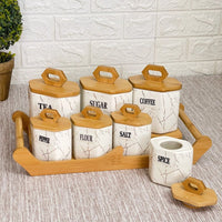 Set of 7 ceramic kitchen canisters with lid and bamboo stand