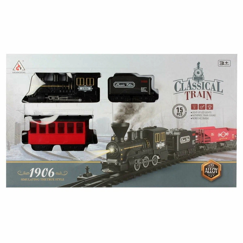 Children's railway "Classic Train", 15 Parts, Light, Sound, Smoke, Black/Red, 50x29 Cm