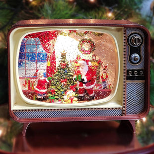 Retro Christmas TV LED Water Spinner Santa Scene Lighted Holiday Snow Globe Decor Battery Operated Acrylic Vintage Television with Spinning Glitter Warm LED Lights Christmas Decor