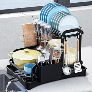 2 Tier Stainless Steel Dish Drying Rack with Plate Holder, Cutlery Basket and Drip Mat - Black Level Stand and Practical Kitchen Accessory