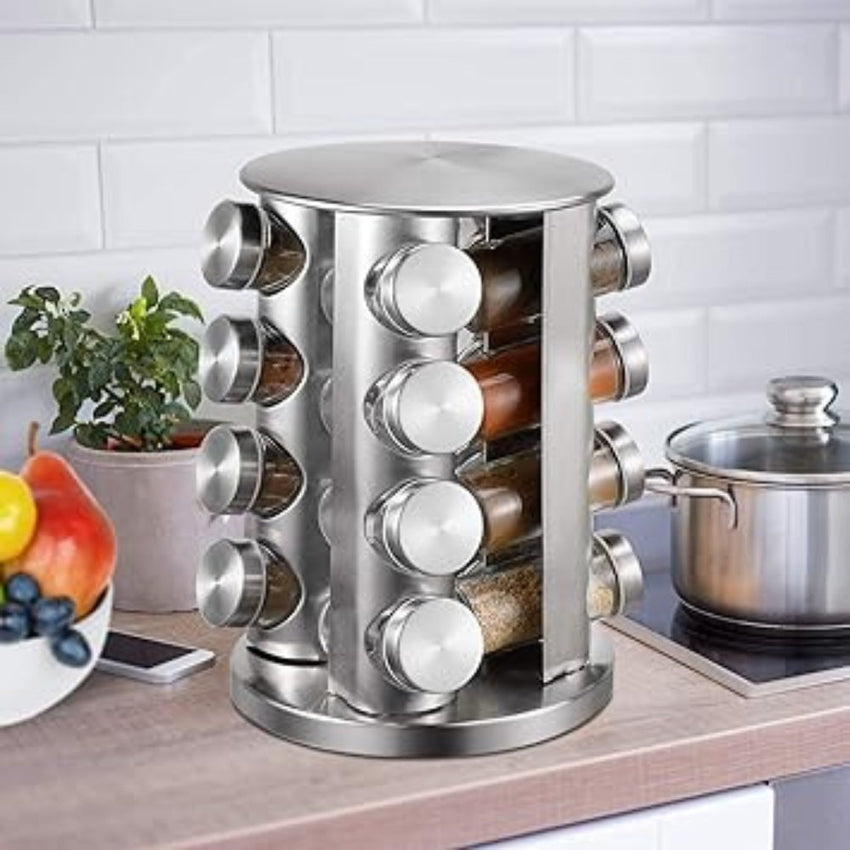 Spice Rack Organizer Stainless Steel 16 Round Containers Spice Storage for Kitchen Home Dried Herbs Silver