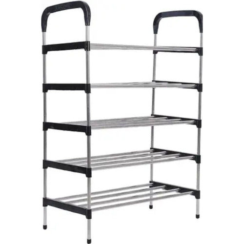 Three Secondz Rust-Free Stainless Steel Adjustable Multipurpose Stand for Kitchen StorageMicrowave & OTG RackShoe RackBathroom StandOffice OrganizerBookshelf (5 Rows, Black)