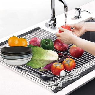MOHREE™ Over The Sink Grey Dish Drying Rack, Dish Drainer Rack, Roll up Utensil Drying Rack for Kitchen, Stainless Steel Multipurpose Foldable Dish Plate Big Size for Counter top wash