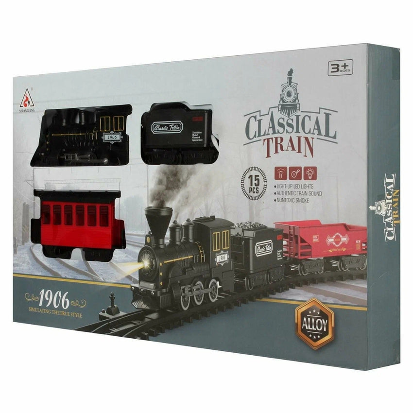 Children's railway "Classic Train", 15 Parts, Light, Sound, Smoke, Black/Red, 50x29 Cm