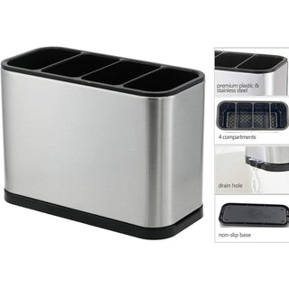 Kitchen Utensil Holder, Stainless Steel Cutlery Drying Rack, Fork and Spoon Strainer, Countertop Organizer Caddy with 4 Divided Compartments, Rustproof, Stainless Steel, Silver and Black