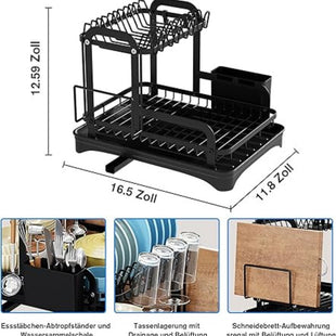 2 Tier Stainless Steel Dish Drying Rack with Plate Holder, Cutlery Basket and Drip Mat - Black Level Stand and Practical Kitchen Accessory