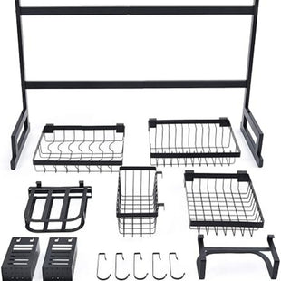 Floating partition Dish Drainer Over Sink Dish Drying Rack Large Capacity Sink Organize Stand Shelf 2-Tier Dish Rack with Utensil Holder Hooks Kitchen Countertop Supplies Storage for Plate Bowls Pots