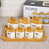 Set of 7 ceramic kitchen canisters with lid and bamboo stand