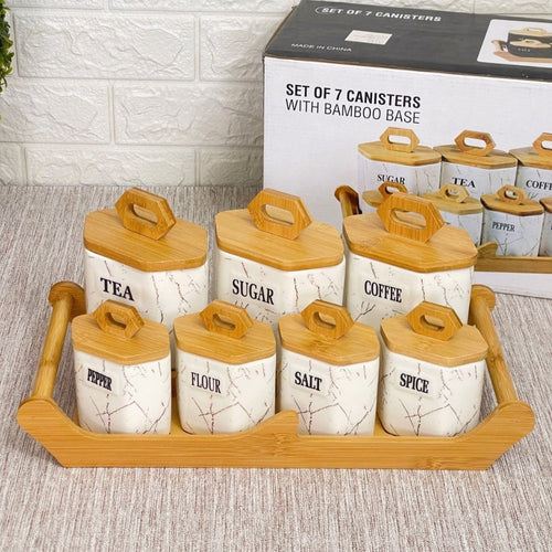 Set of 7 ceramic kitchen canisters with lid and bamboo stand