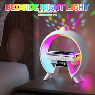 LED Bedside Lamp with Charging Function, Intelligent Daylight Alarm Clock, Table Lamp, Wireless Speaker with Music Synchronization, Wireless Charging, Dimmable Night Light for Home Decoration