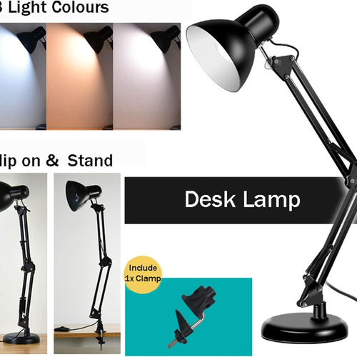 Adjustable Goose Neck Interchangeable Clamp Metal Desk Lamp Black