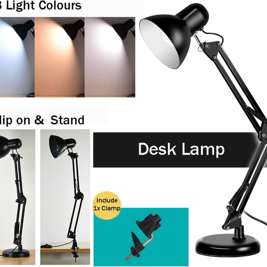Adjustable Goose Neck Interchangeable Clamp Metal Desk Lamp Black