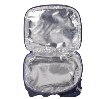 Navy Blue Lunch Bag with Purple Trim and Adjustable Strap