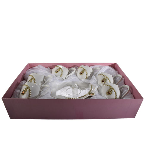 Set of Porcelain Cups with Pearls on Oyster Plate 6 Person 12 Pcs