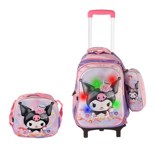 3D CAT 3PCS Detachable Rolling Backpack for Girls With Lunch Bag Pencil Case 2Wheels Roll With Light RGB