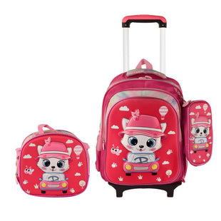 3D CAT 3PCS Detachable Rolling Backpack for Girls With Lunch Bag Pencil Case 2Wheels Roll