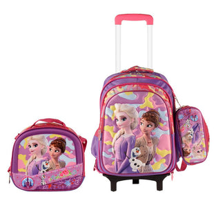 3D Girly  3PCS Detachable Rolling Backpack for Girls With Lunch Bag Pencil Case 2Wheels Roll