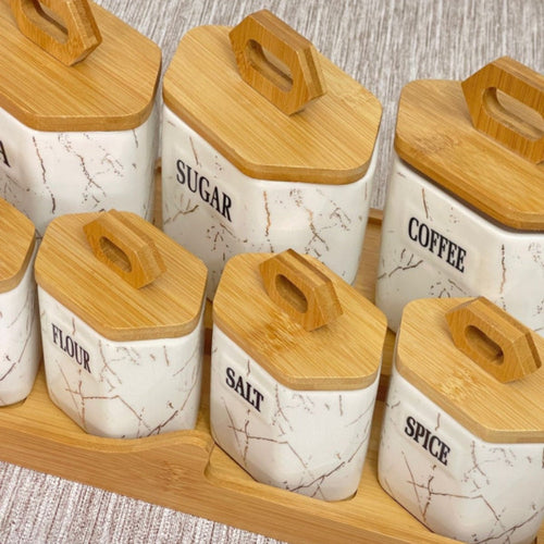 Set of 7 ceramic kitchen canisters with lid and bamboo stand
