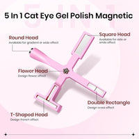 Pink 5 in 1 Nail Magnet Tool for Cat Eye Gel Nail Polish Multifunctional Magnetic Stick for Nails Strong Magnetism for 9D Strip Galaxy Cat Eye Nail Art Design DIY Home Manicure