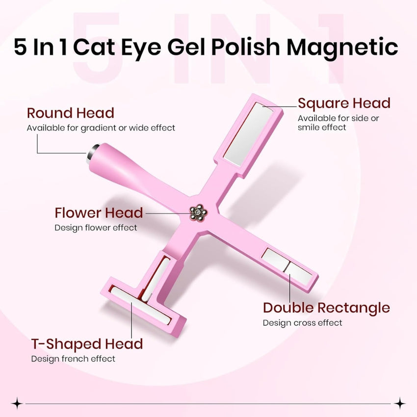 Pink 5 in 1 Nail Magnet Tool for Cat Eye Gel Nail Polish Multifunctional Magnetic Stick for Nails Strong Magnetism for 9D Strip Galaxy Cat Eye Nail Art Design DIY Home Manicure
