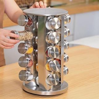 Revolving Spice Tower  Round Spice Rack  Set of 20 Spice Jars  Seasoning Storage Organization  Stainless Steel (‎20 JAR STEEL)