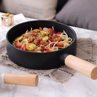 Generic Cast Iron Grill Pan with Wooden Handle, 20 cm Round, Wood Base