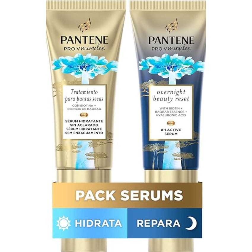Pantene Hydra Miracles Hydrating Day Serum for Dry Ends + 8H Active Night Serum with Biotin, Baobab Essence, Hyaluronic Acid, 2 Count (Pack of 1)