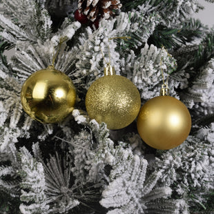 Golden Christmas Baubles on a Snow-Flocked Tree 12PCS