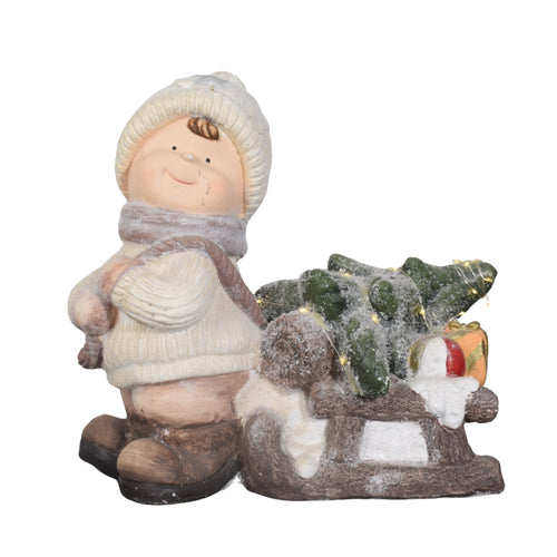 Winter Boy Figurine with Lighted Christmas Tree Sleigh