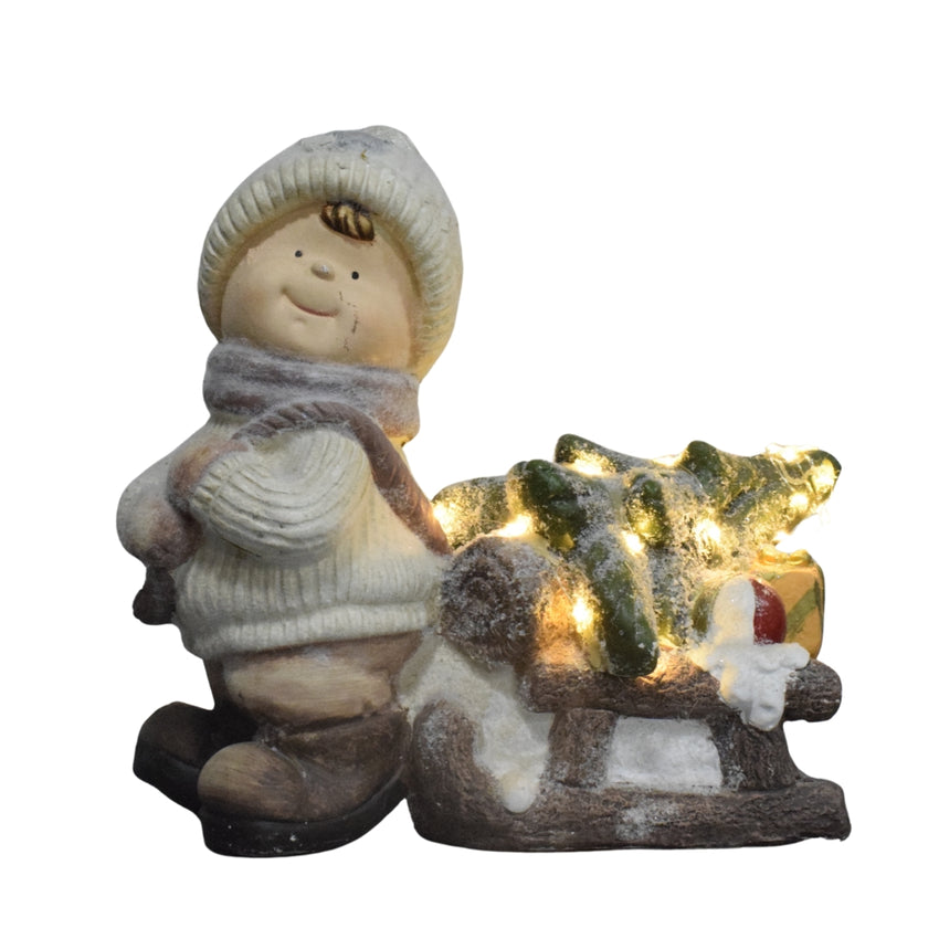 Winter Boy Figurine with Lighted Christmas Tree Sleigh