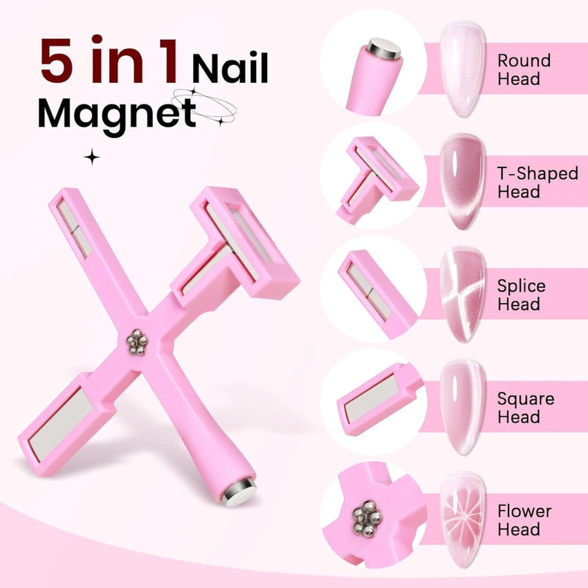 Pink 5 in 1 Nail Magnet Tool for Cat Eye Gel Nail Polish Multifunctional Magnetic Stick for Nails Strong Magnetism for 9D Strip Galaxy Cat Eye Nail Art Design DIY Home Manicure