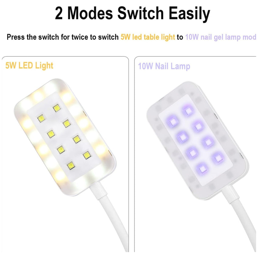 wenxintek 2 in 1 LED UV Nail Lamp Light with Gooseneck and Clip,Flexible Flash Cure Nail Lamp for Curing Acrylic Nails Gel Polish,Nail Desk Lamp for Reading,Manicure Salon Nail DIY Tool, USB Cable