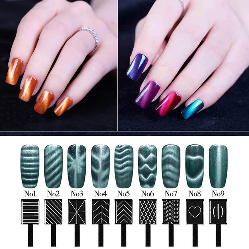 9 Pcs 3D Cat Eyes Nail Art Magnetic Pen Set, Double-head Magic Magnet Stick, For 3D Magnetic Cat Eye Gel Nail Polish Nail Art Manicure Tool