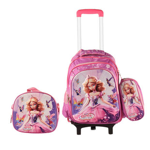 Barbie  3PCS Detachable Rolling Backpack for Girls With Lunch Bag Pencil Case 2Wheels Roll