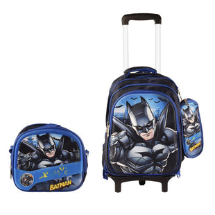 Batman  3PCS Detachable Rolling Backpack for Boys With Lunch Bag Pencil Case 2Wheels Roll