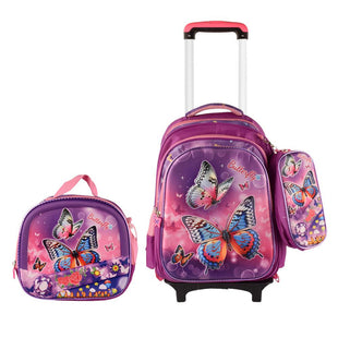 Butter Fly 3PCS Detachable Rolling Backpack for Girls With Lunch Bag Pencil Case 2Wheels Roll