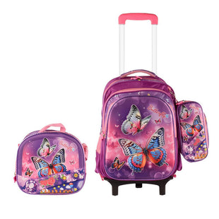 Butter Fly  3PCS Detachable Rolling Backpack for Girls With Lunch Bag Pencil Case 2Wheels Roll