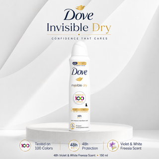 Dove Invisible Dry Tested on 100 Colors 48h violet and White Freesia Scent 150ml