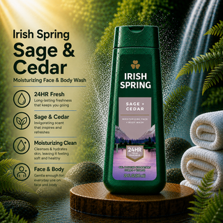 Irish Spring Sage & Cedar Moisturizing Face & Body Wash 24HR Fresh 591ml