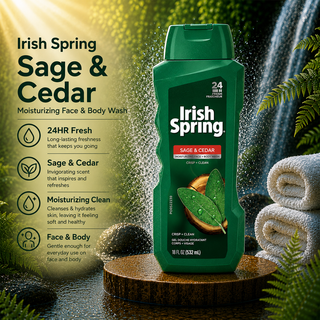 Irish Spring Sage & Cedar Moisturizing Face & Body Wash 24HR Fresh 532ml