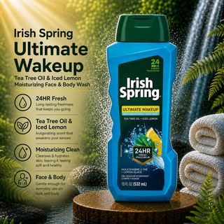 Irish Spring Ultimate Wakeup Tea Tree Oil & Iced Lemon Moisturizing Face & Body Wash 24HR Fresh 532ml