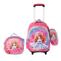 Girly 3PCS Detachable Rolling Backpack for Girls With Lunch Bag Pencil Case 2Wheels Roll