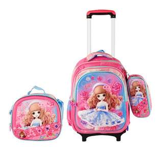 Girly 3PCS Detachable Rolling Backpack for Girls With Lunch Bag Pencil Case 2Wheels Roll