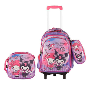 Kuromi  3PCS Detachable Rolling Backpack for Girls With Lunch Bag Pencil Case 2Wheels Roll