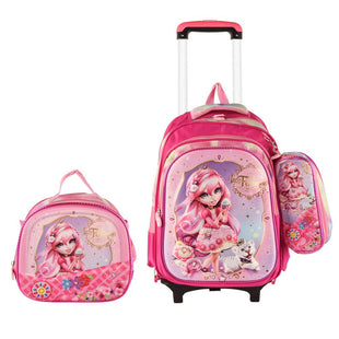 La Fadinne  3PCS Detachable Rolling Backpack for Girls With Lunch Bag Pencil Case 2Wheels Roll