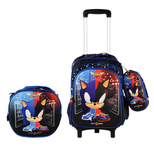 Sonic  3PCS Detachable Rolling Backpack for Boys With Lunch Bag Pencil Case 2Wheels Roll